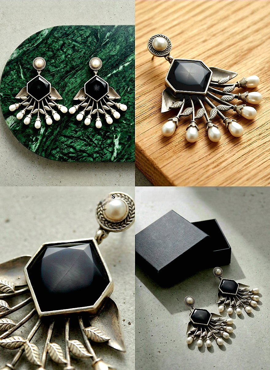 Black Stone Pearl Fan Earrings