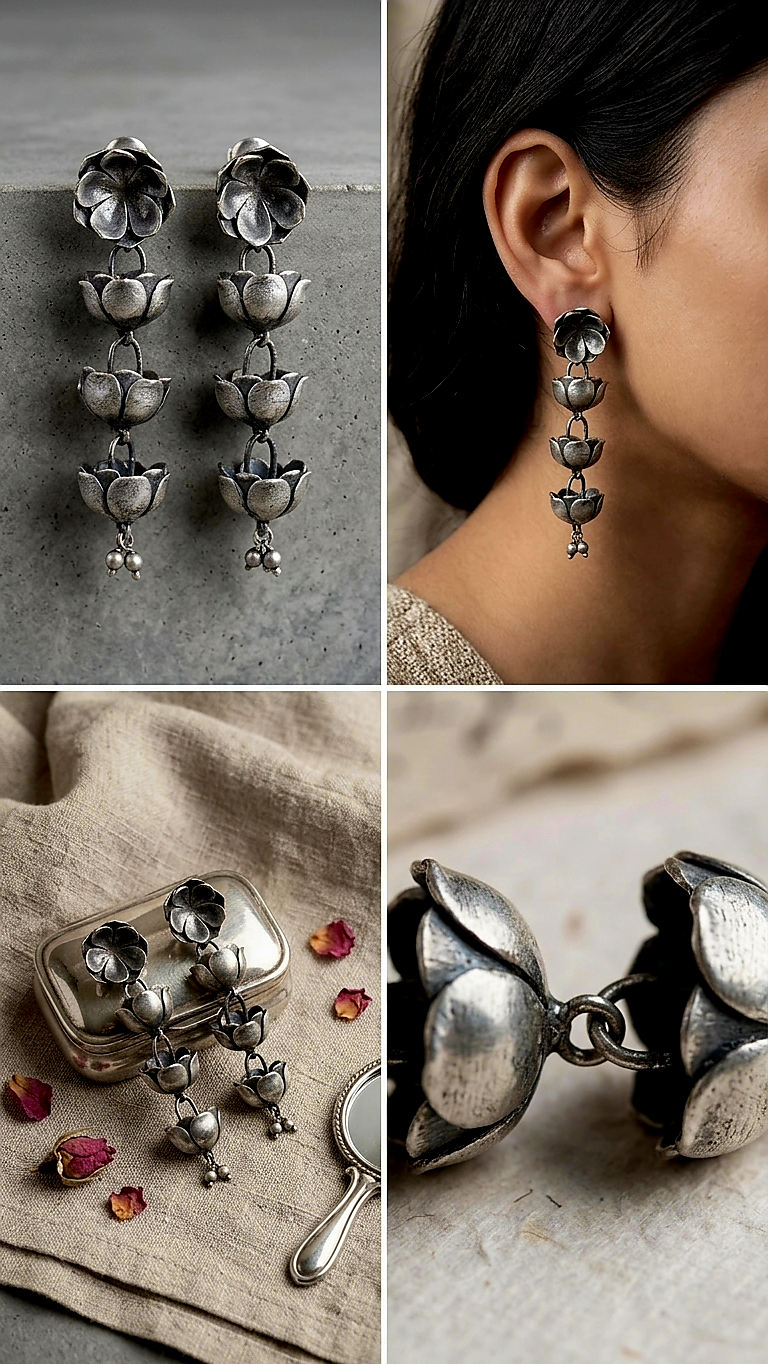 Oxidised Bell Cluster Earrings