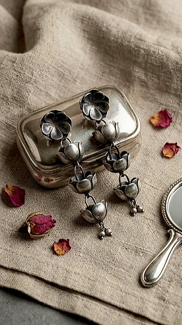 Oxidised Bell Cluster Earrings